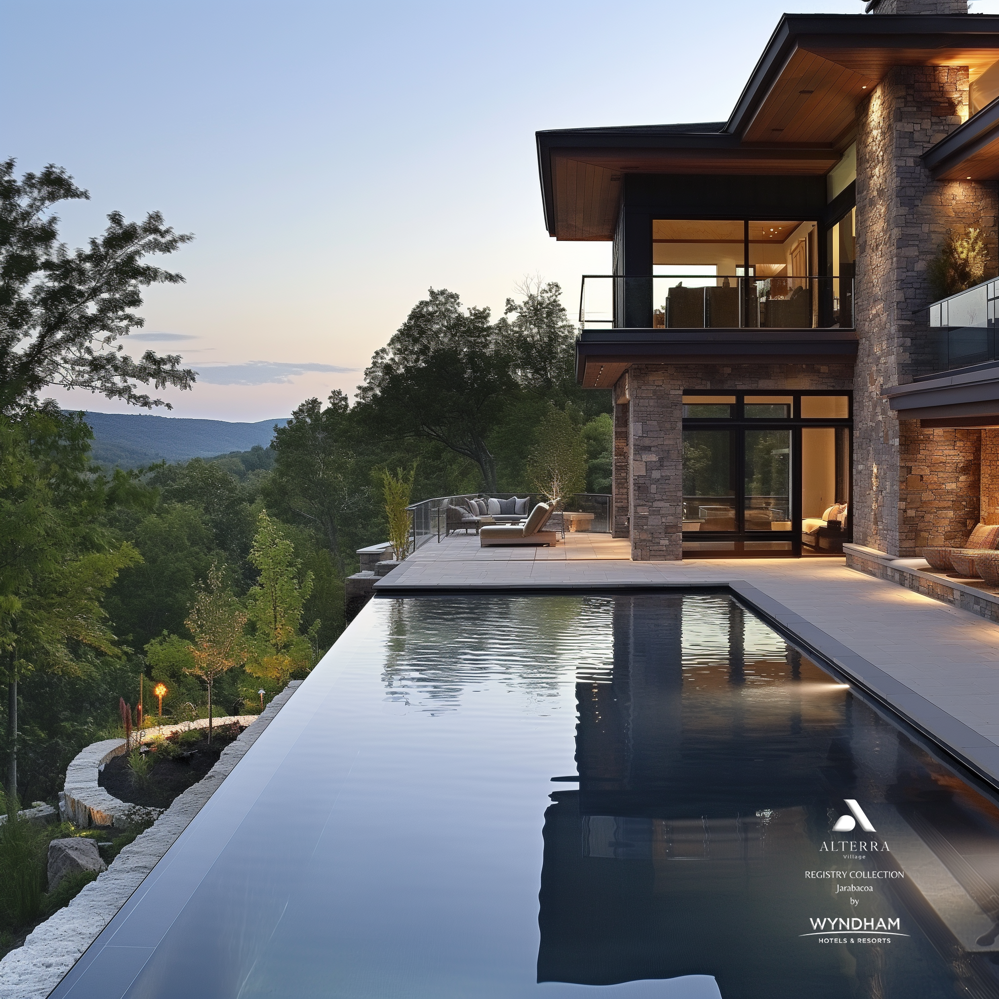 Infinity pool at dusk with valley views